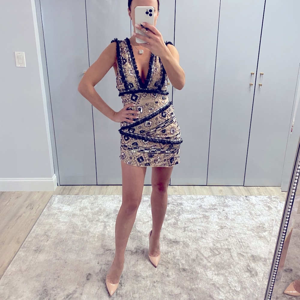 mini dress with embellished panels and fringe trim in pale pink Size 2